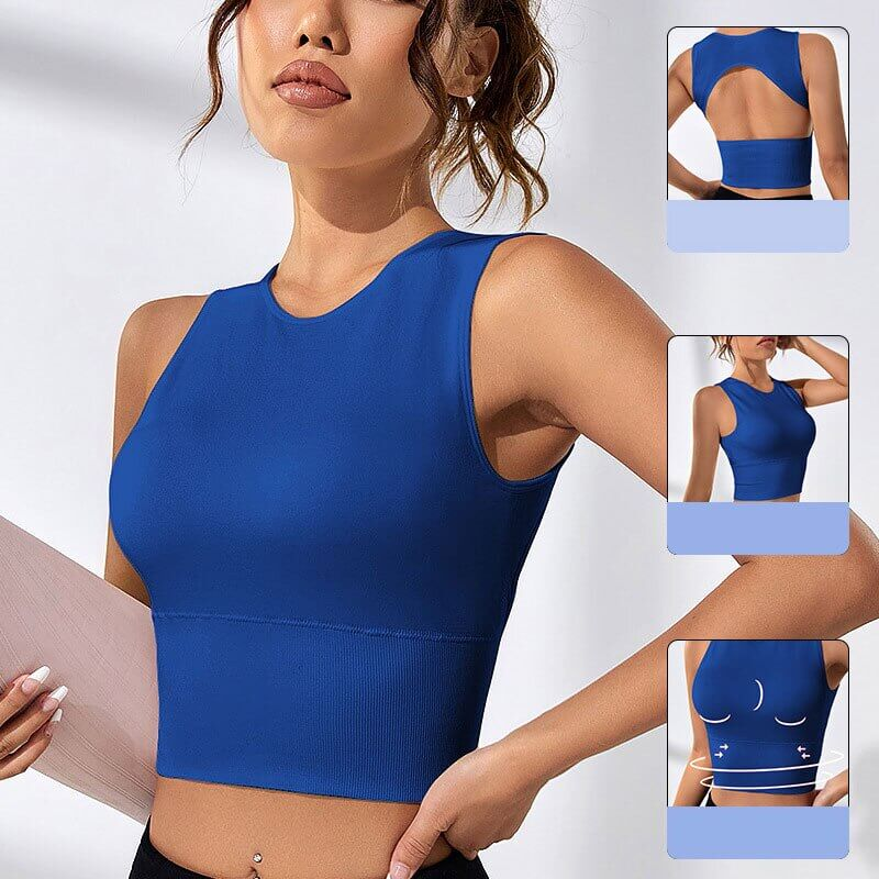 Backless short tank top for women in blue, ideal for yoga and pilates, featuring breathable spandex and nylon fabric.